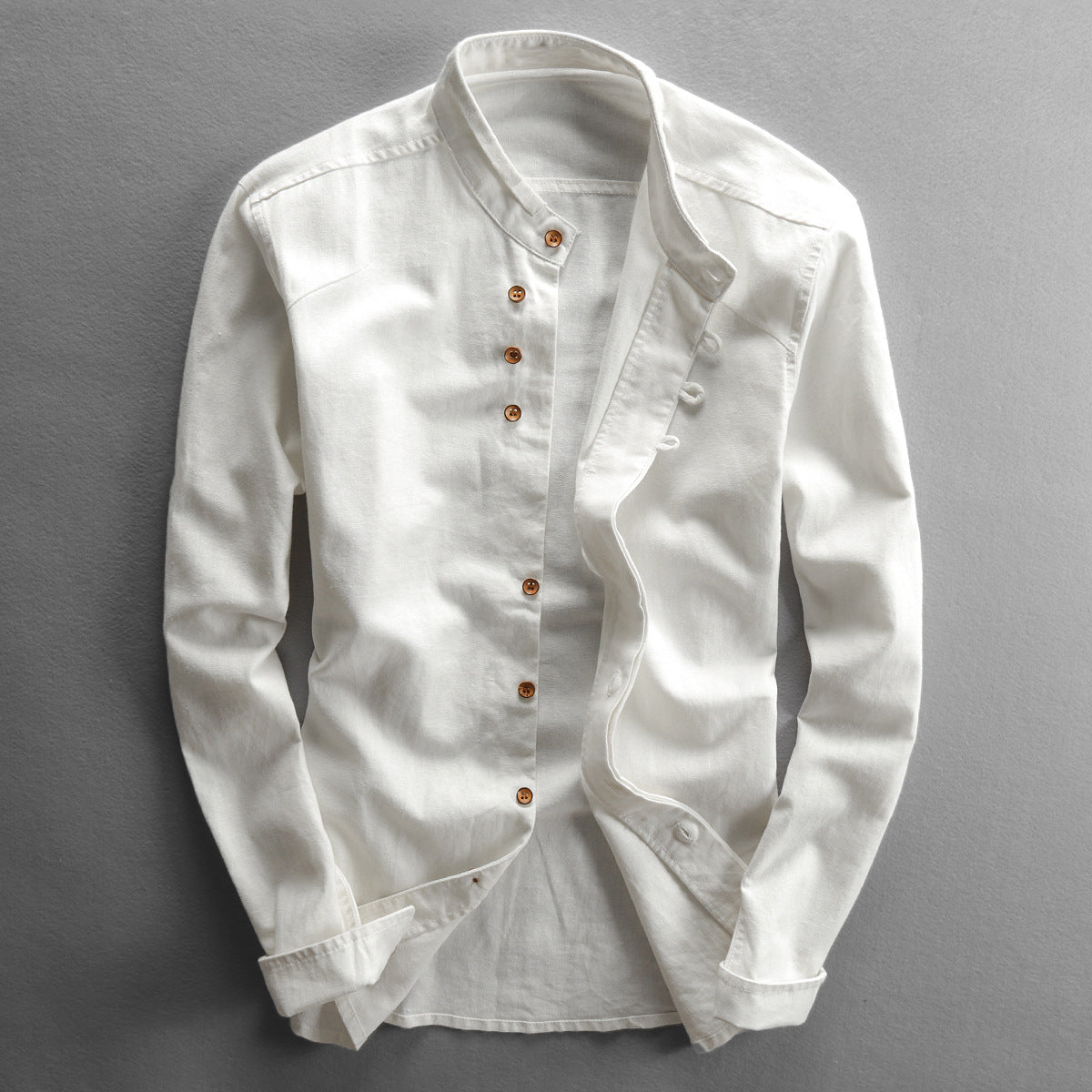 Men's Casual Linen Cotton Blend Slim Fit Shirt with Stand-Up Collar