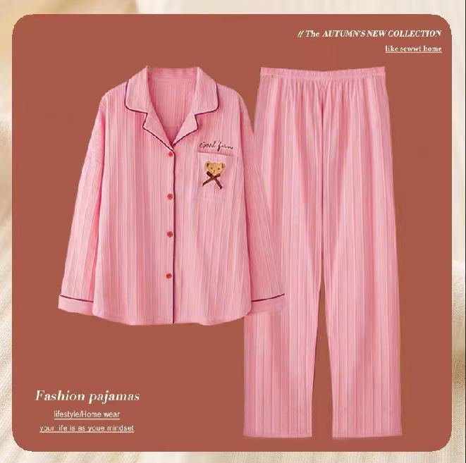 Womens Cotton Cardigan Pajama Long Sleeve Two-Piece Loungewear