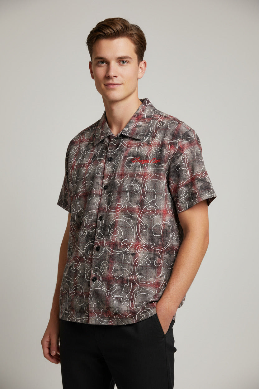 Short-sleeve shirt with a red and gray pattern on a white background