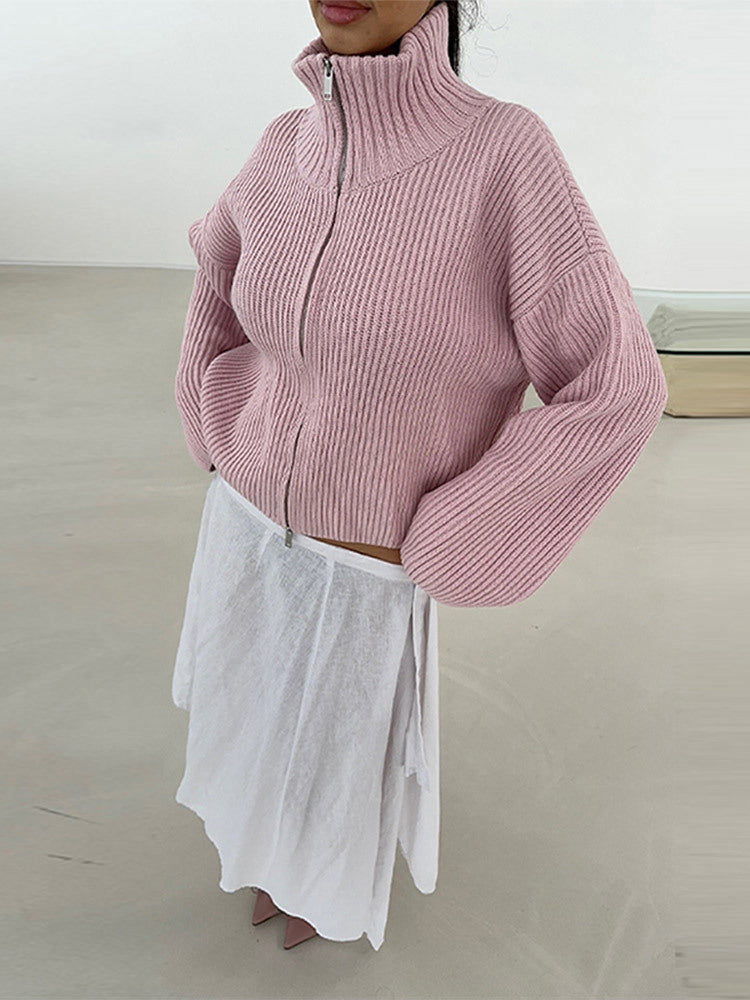 Striped Zipper Knit Cardigan Top