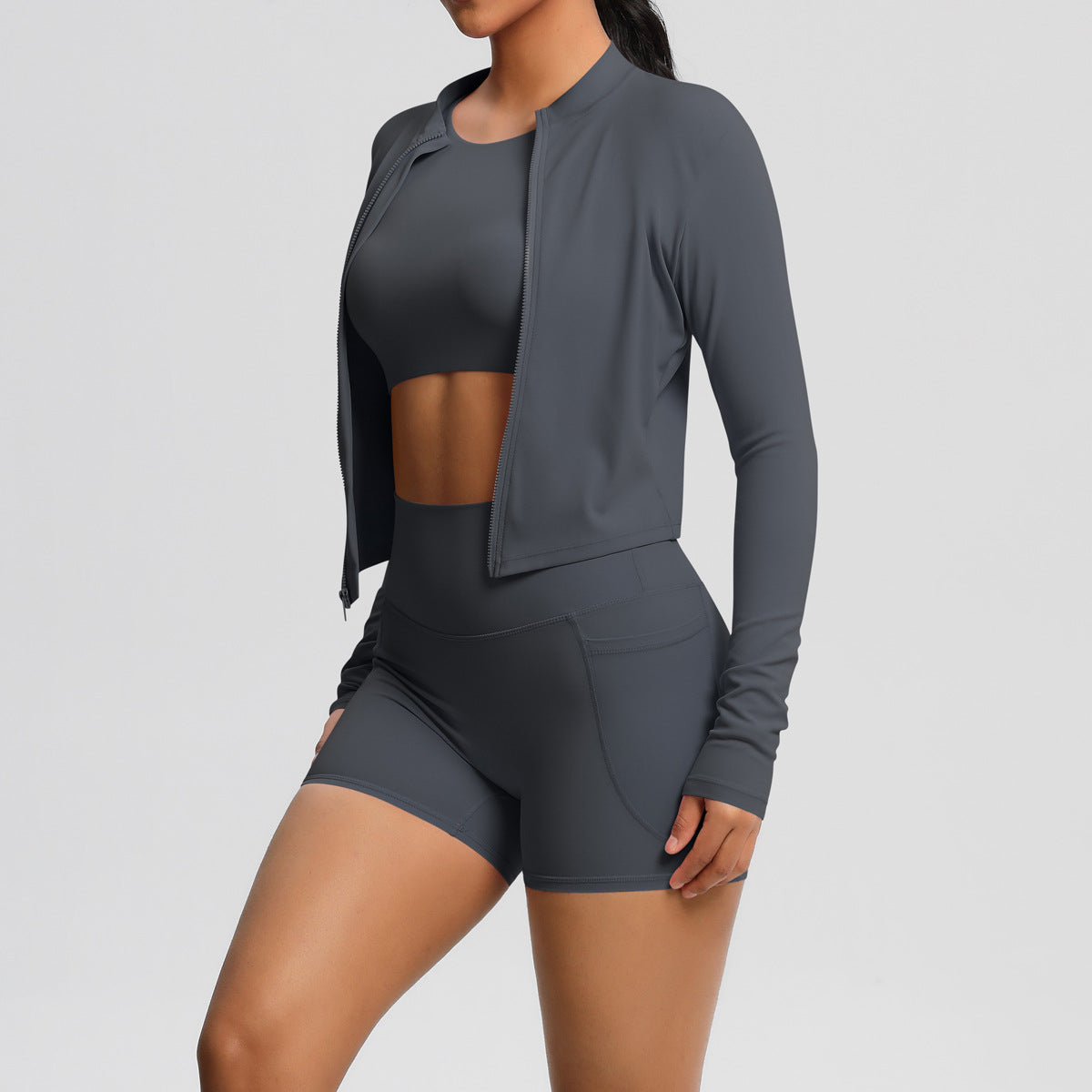Three-Piece Yoga Set: Cropped Jacket, Sports Bra, and Pocket Shorts