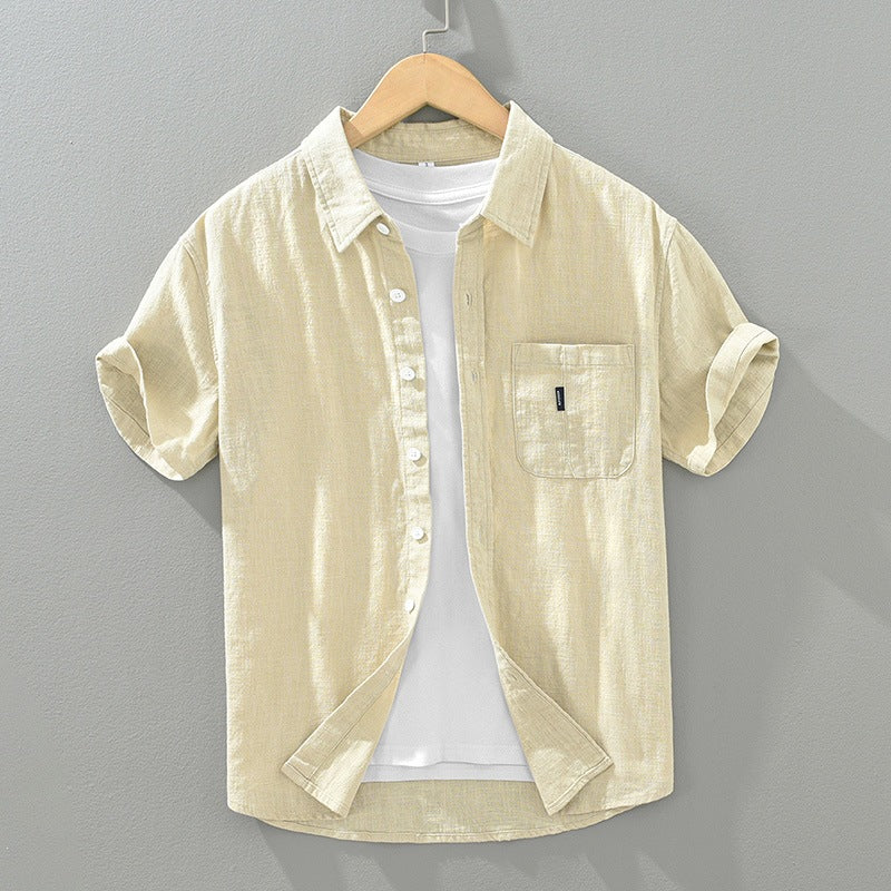 Men's Casual Ramie Blend Button-Up Shirt with Embroidery