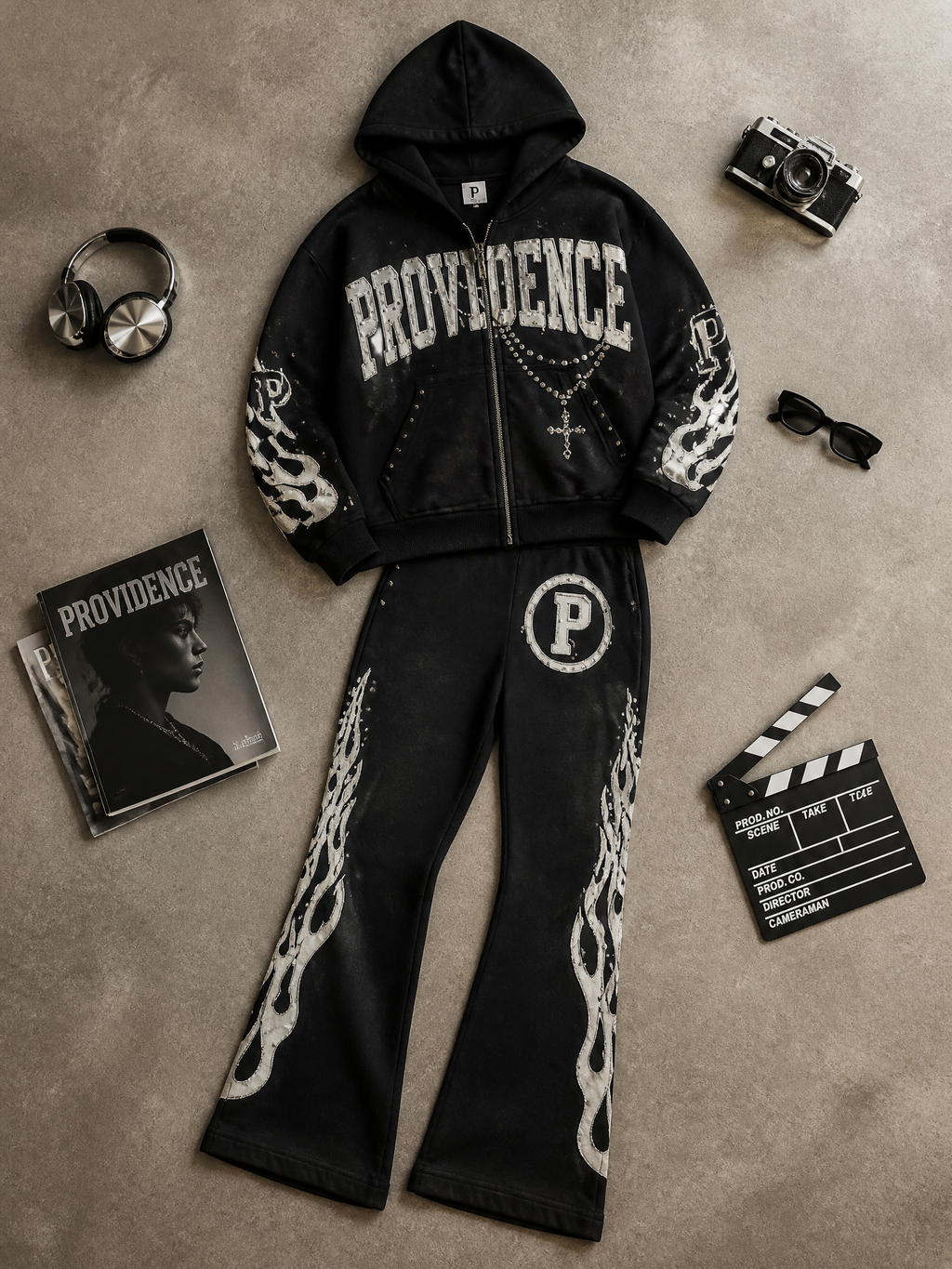 Hoodie and Flared Pant Set with Graphic Embellishments
