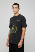 Black t-shirt with graphic design and text on a white background