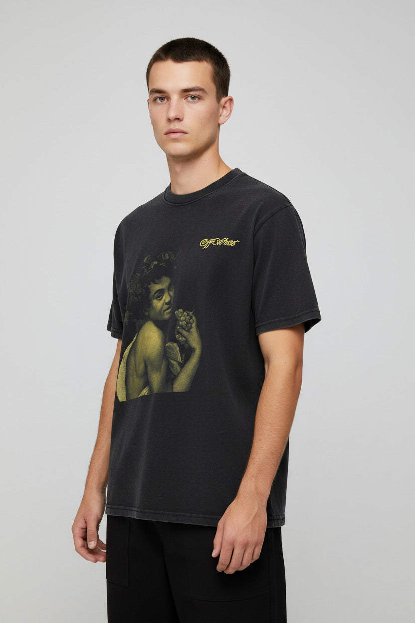 Black t-shirt with graphic design and text on a white background