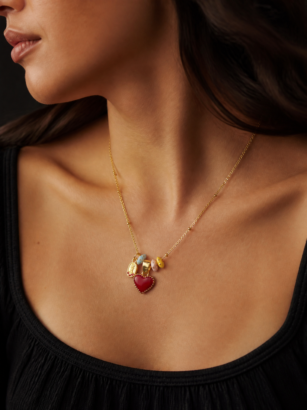 2 Pack Enamel Heart Pendant Necklace in Gold-Tone Titanium Steel