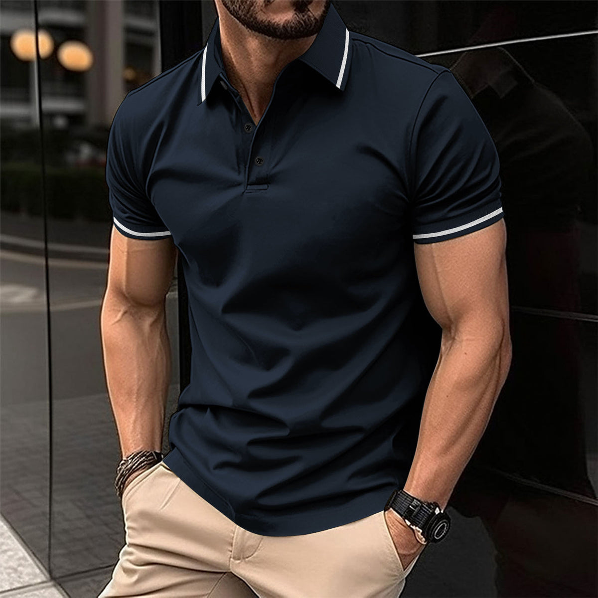 men's button rib collar sports polo shirt