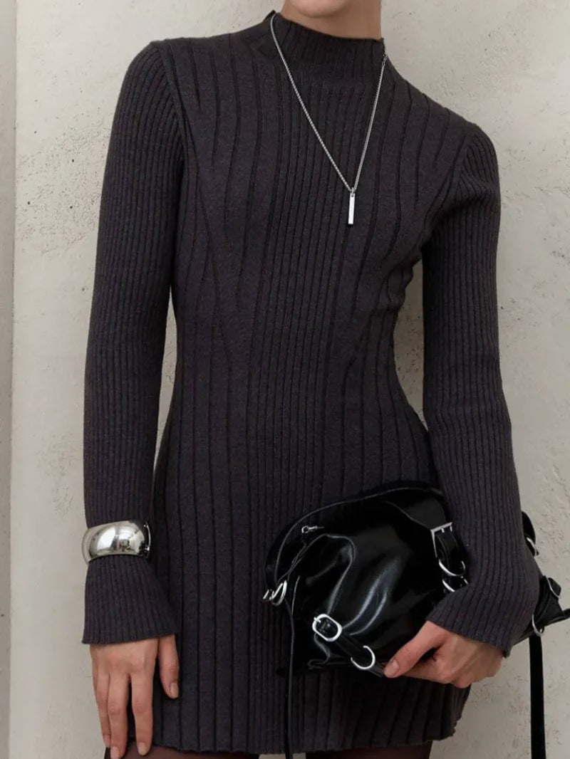 Long Sleeve High Collar Knitted Dress