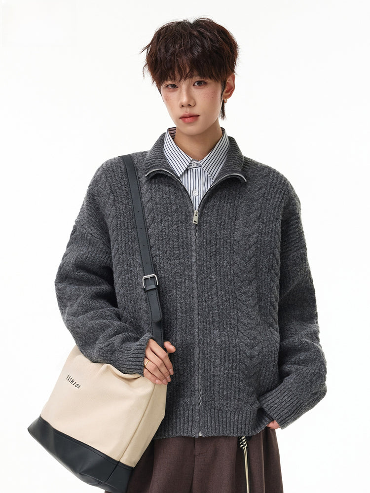 Men Zippered Knit Cardigan Sweater Vintage Wheat Knot Pattern