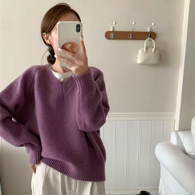 V-neck loose casual long-sleeved knitted sweater