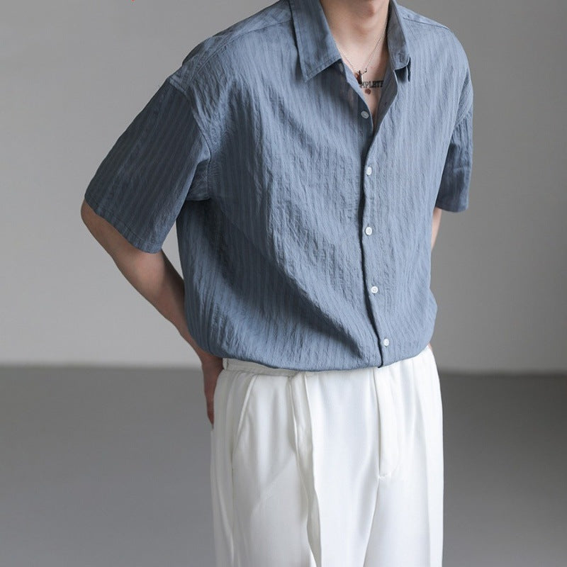 Men's Korean-Style Loose Fit Striped Short Sleeve Shirt