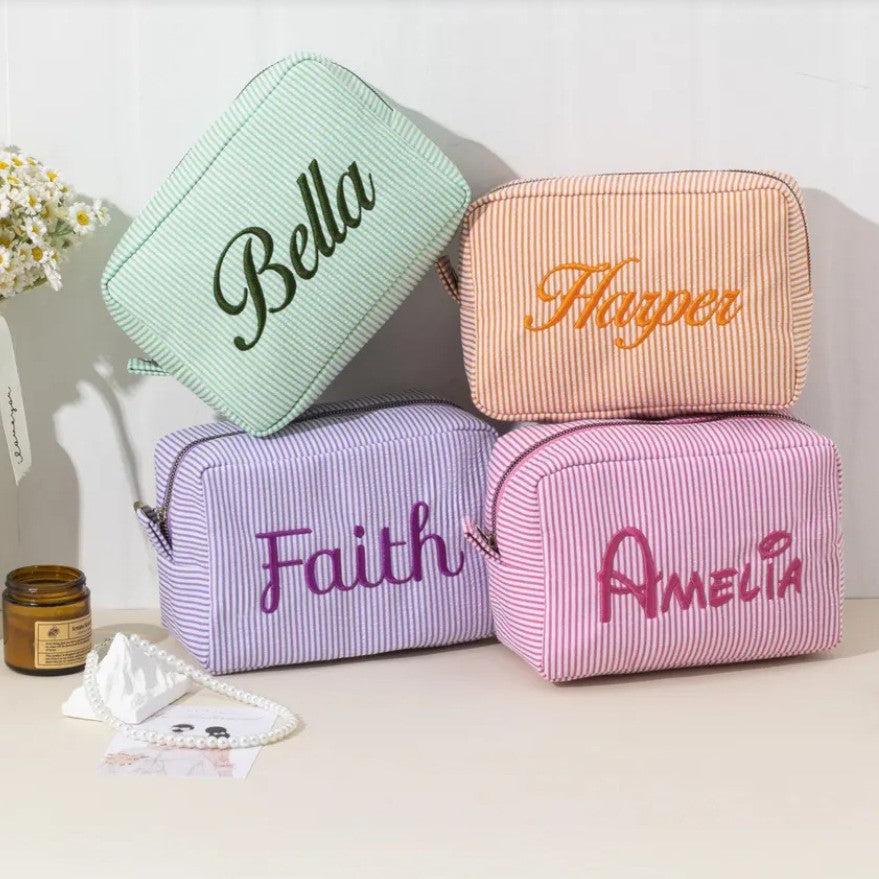 Personalized Embroidered Striped Seersucker Cosmetic Bag