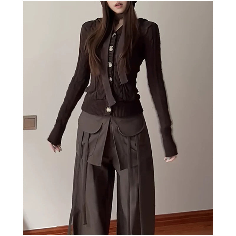 Retro Button Twist Brown Sweater Jacket