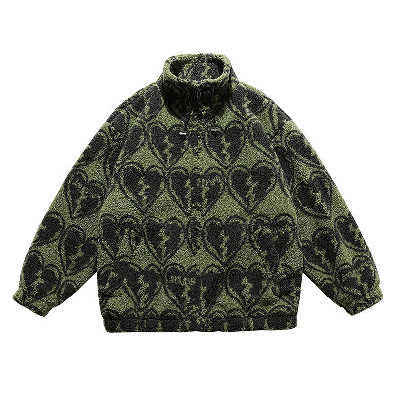 Graphic Sherpa Fleece Jacket, Oversized Stand Collar Outerwear