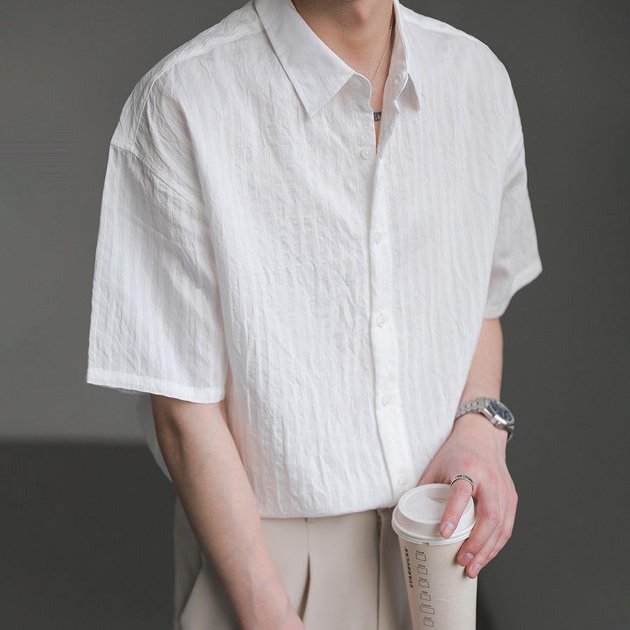 Men's Korean-Style Loose Fit Striped Short Sleeve Shirt