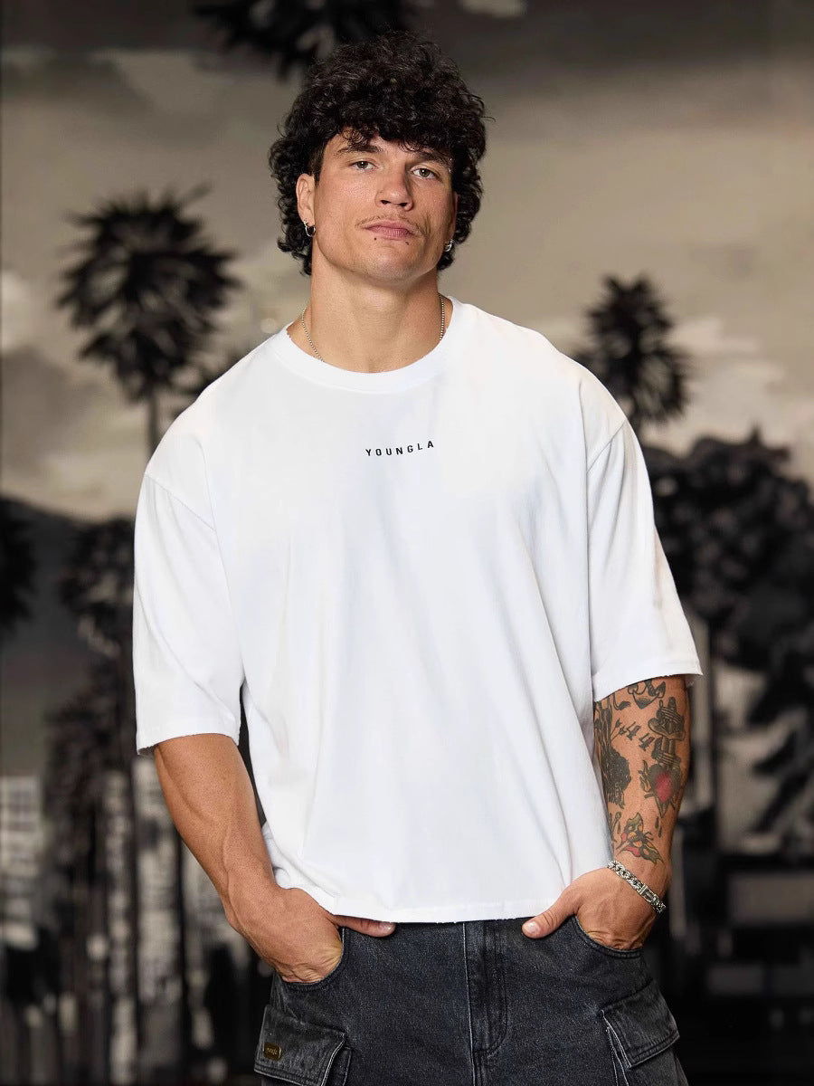 Cotton Wide Shoulder Sports T-Shirt with Printed Logo