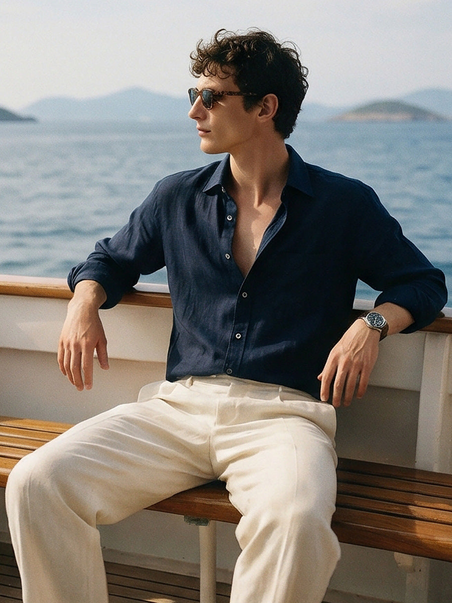 Men's Linen Long-Sleeved Casual Breathable Button-Down Shirt