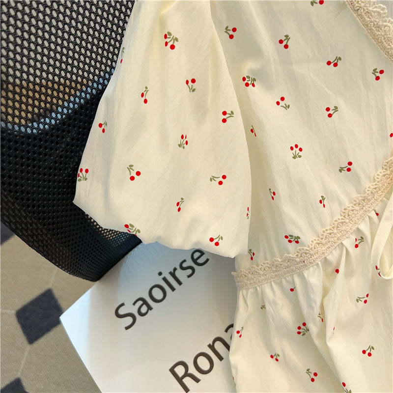 Summer Puff Sleeve Lace Trim Blouse