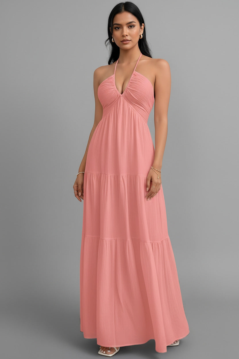 Bohemian Deep V-Neck Sleeveless Long Dress with Belt