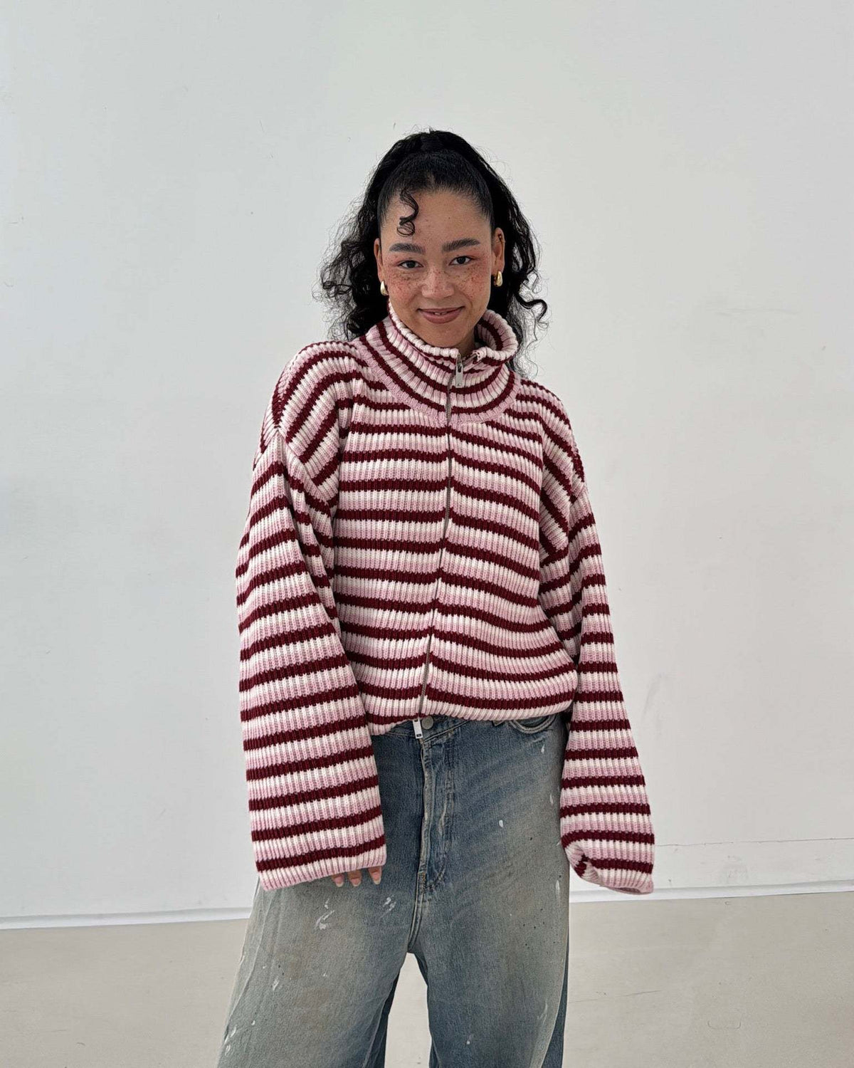 Striped Zipper Knit Cardigan Top