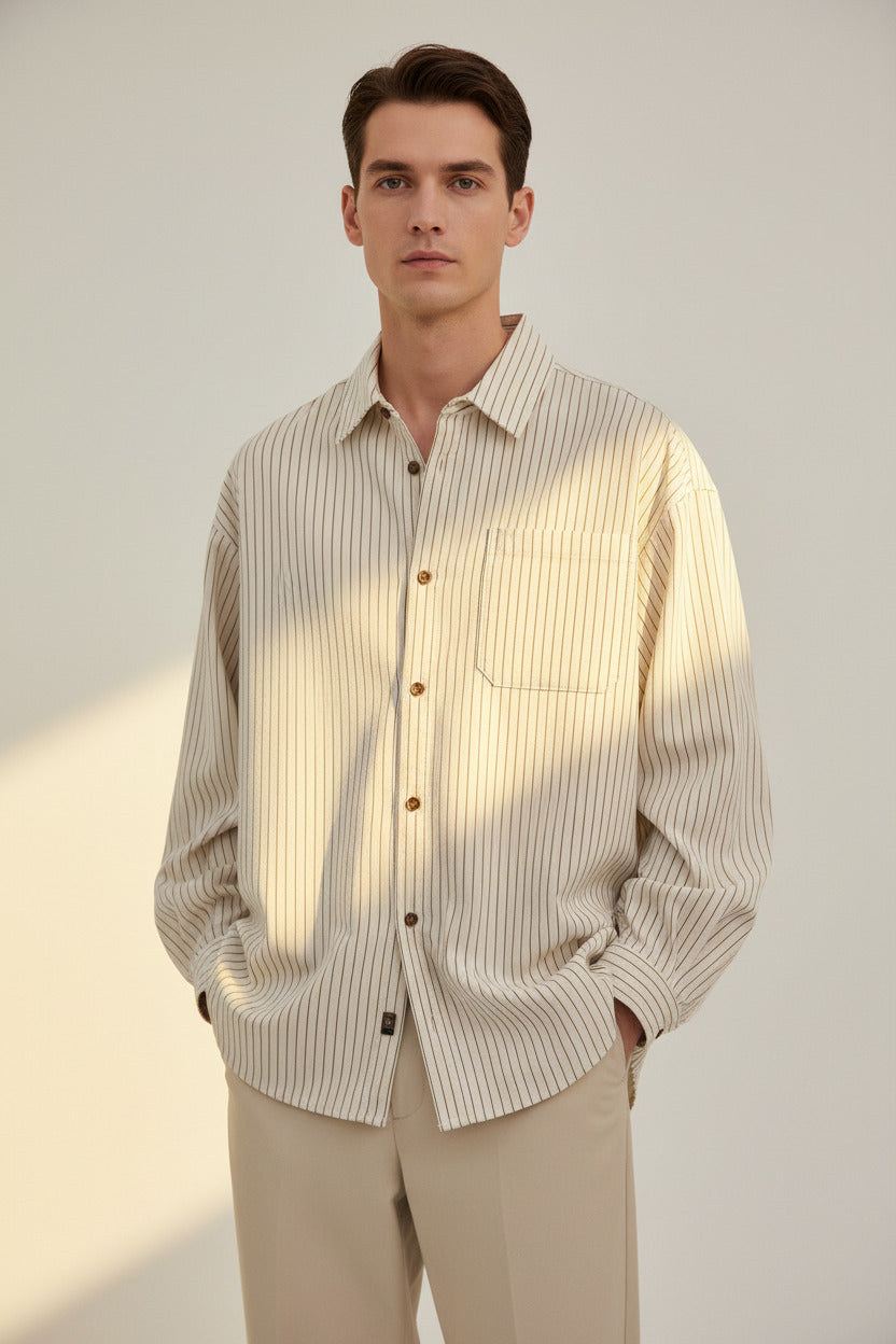 Mens Striped Cotton Shirt - 100% Cotton, Wrinkle-Free, Relaxed Fit