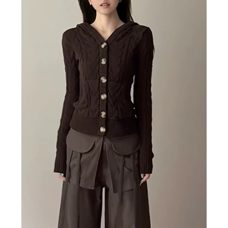 Retro Button Twist Brown Sweater Jacket