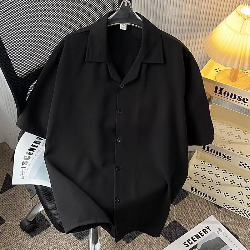 Retro Cuban Collar Short Sleeve Shirt - Loose Fit Polyester