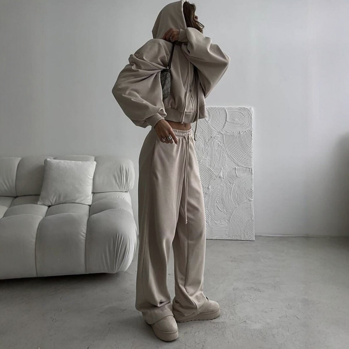 Women's loose-fitting hooded zipper pullover set
