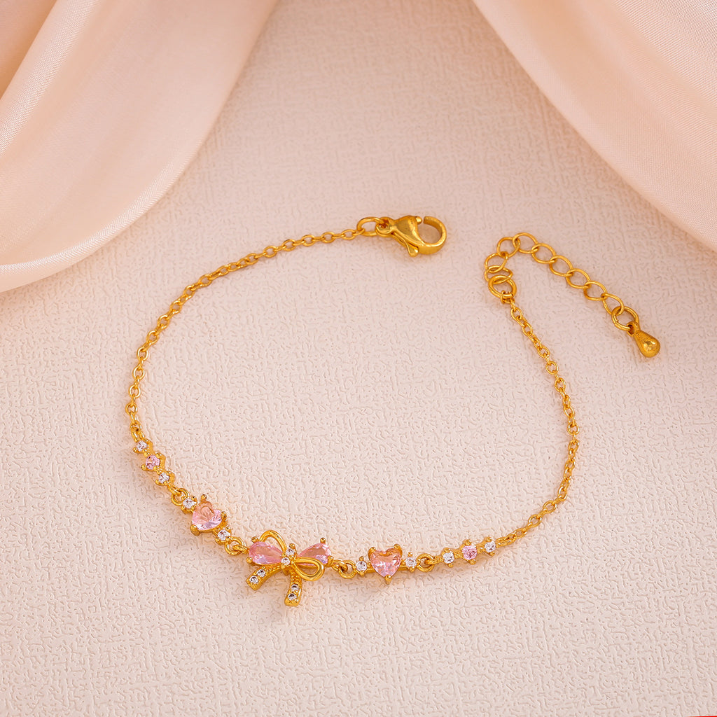 Cute Bow Heart Zircon Gold Plated Bracelet