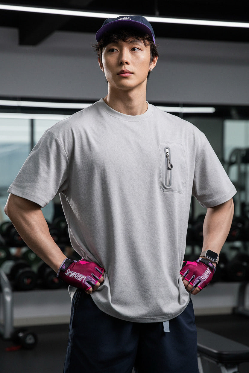 A man wearing an oversized light gray pocket t-shirt, a dark baseball cap, pink fingerless gloves, and sunglasses, standing in front of large rock formations.
