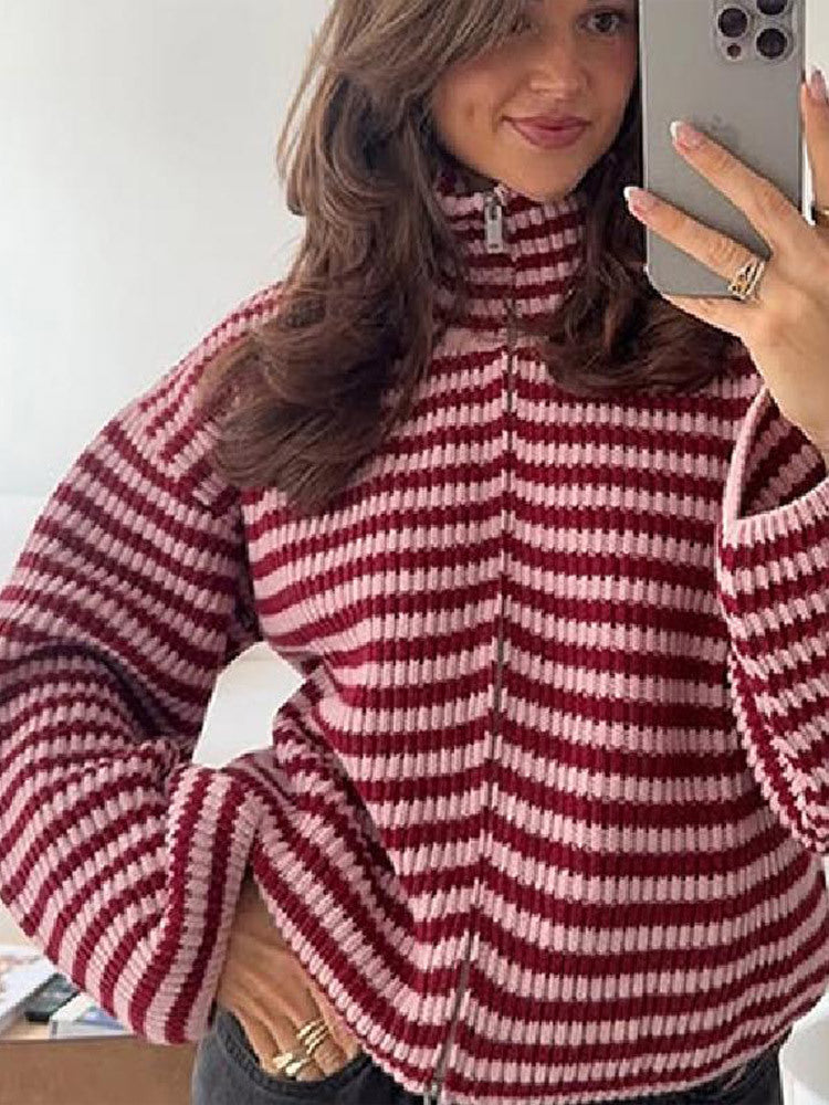 Striped Zipper Knit Cardigan Top