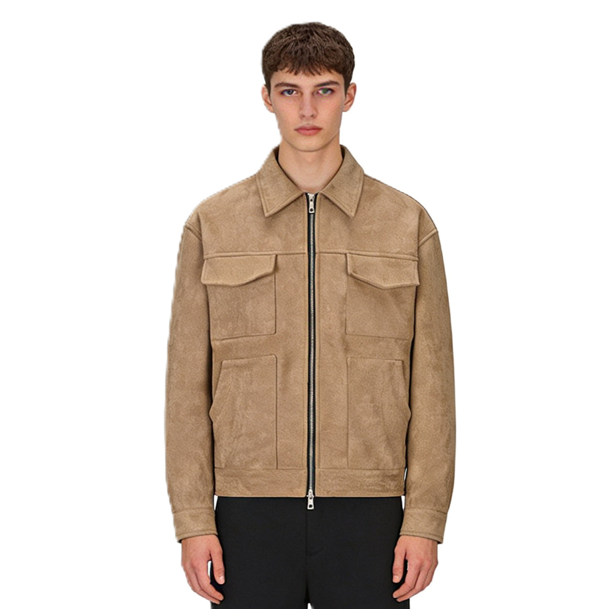 Mens Casual Suede Jacket with Lapel Collar