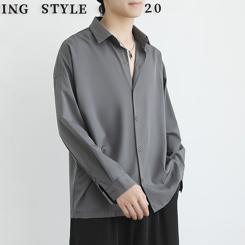Loose Ice Silk Men's Long Sleeve Shirt in Black, White, Dark Gray