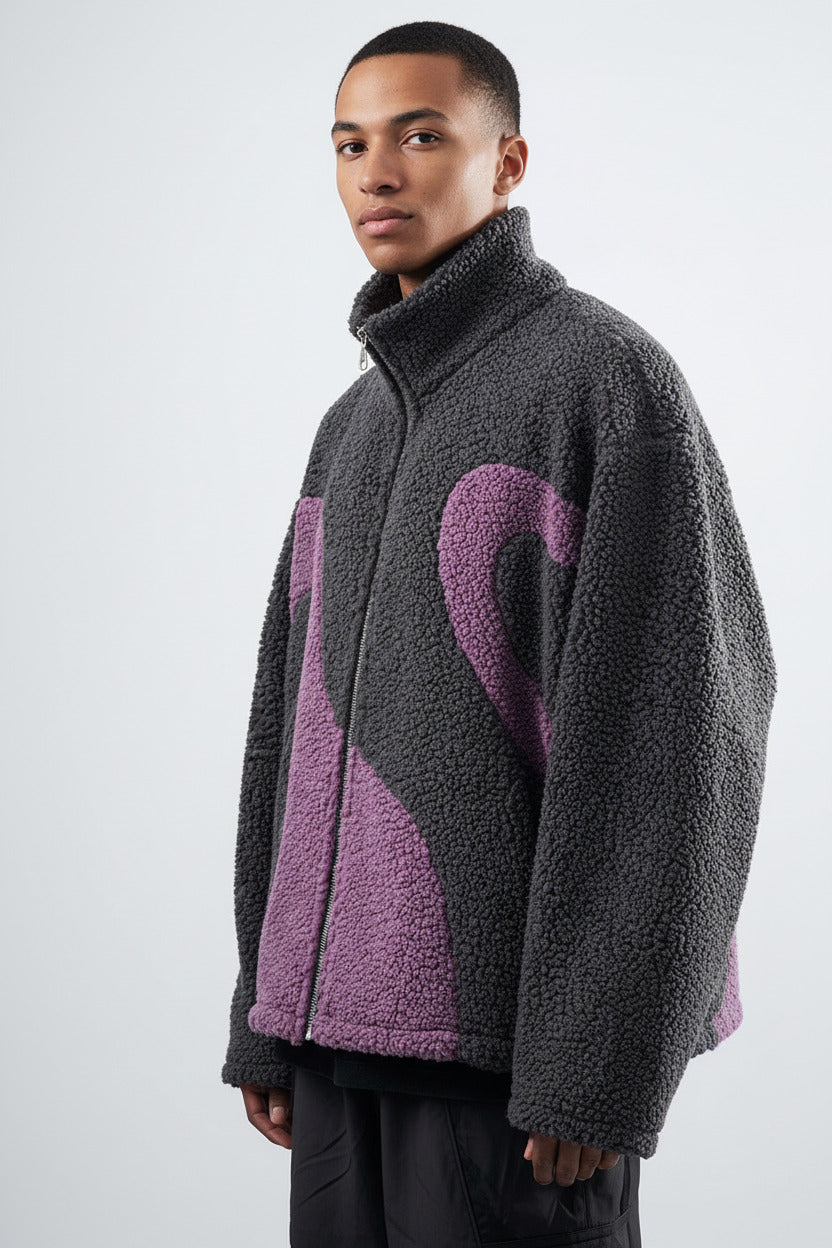 Contrast Color Lapel Coral Fleece Sweatshirt