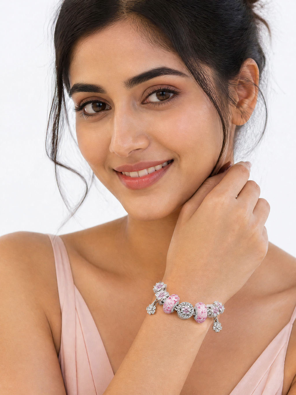 Floral Charm Bracelet in Polished Alloy with Pink Enamel Accents