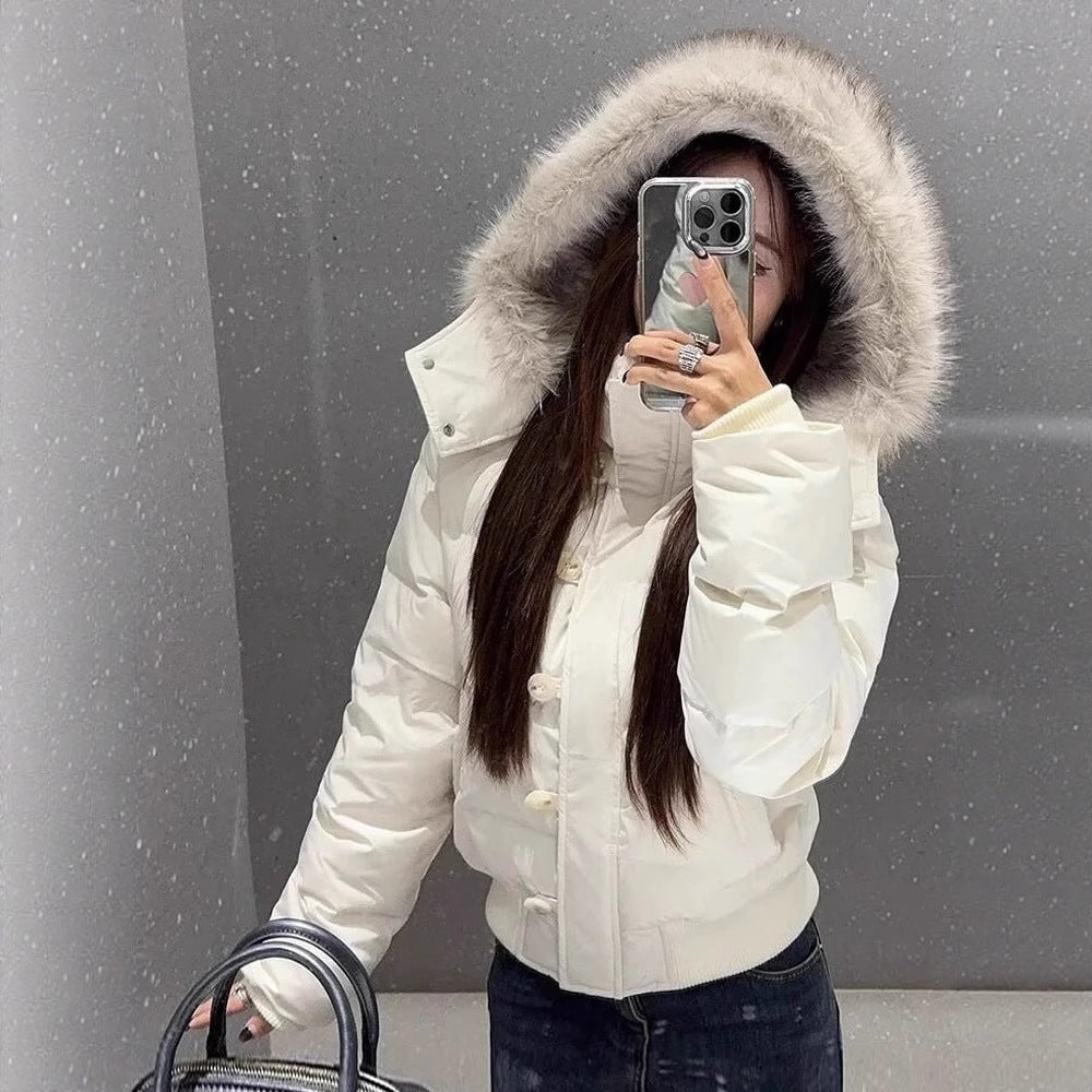 Retro long fur-lined hooded down jacket with down insulation