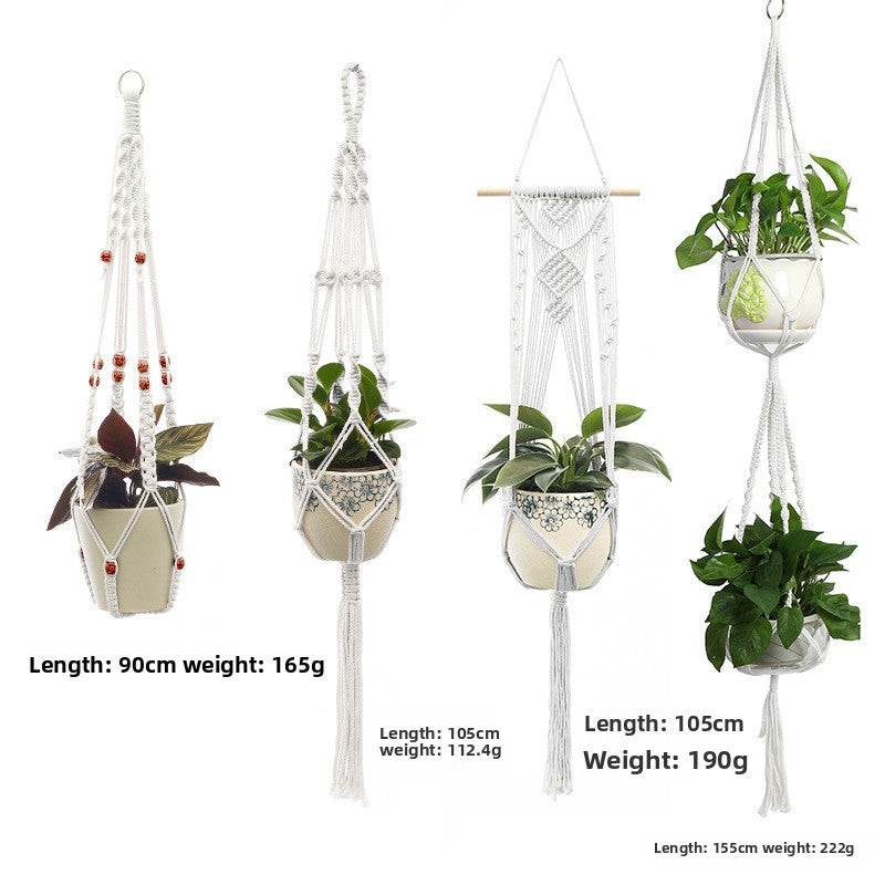 Handwoven Cotton Hanging Plant Basket with Decorative Accents