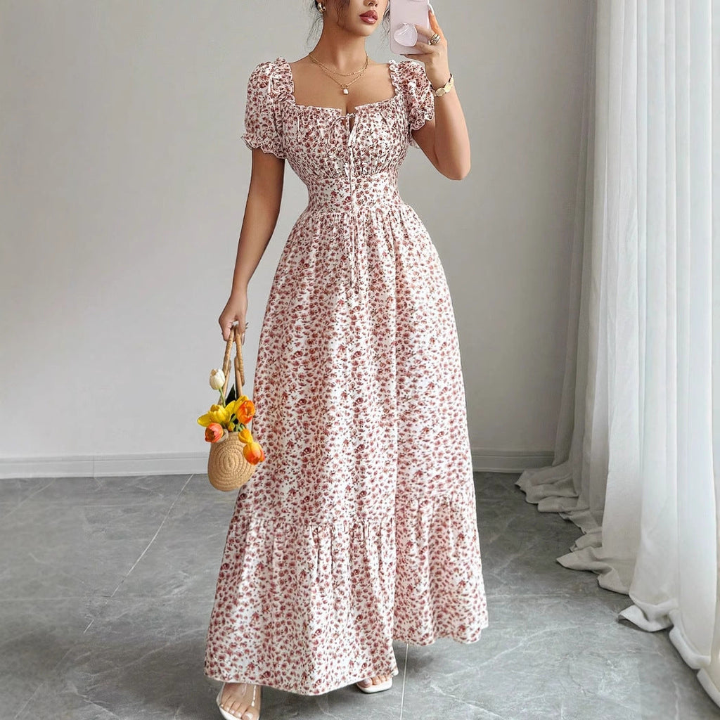 Floral Midi Dress with Square Neck and A-Line Silhouette