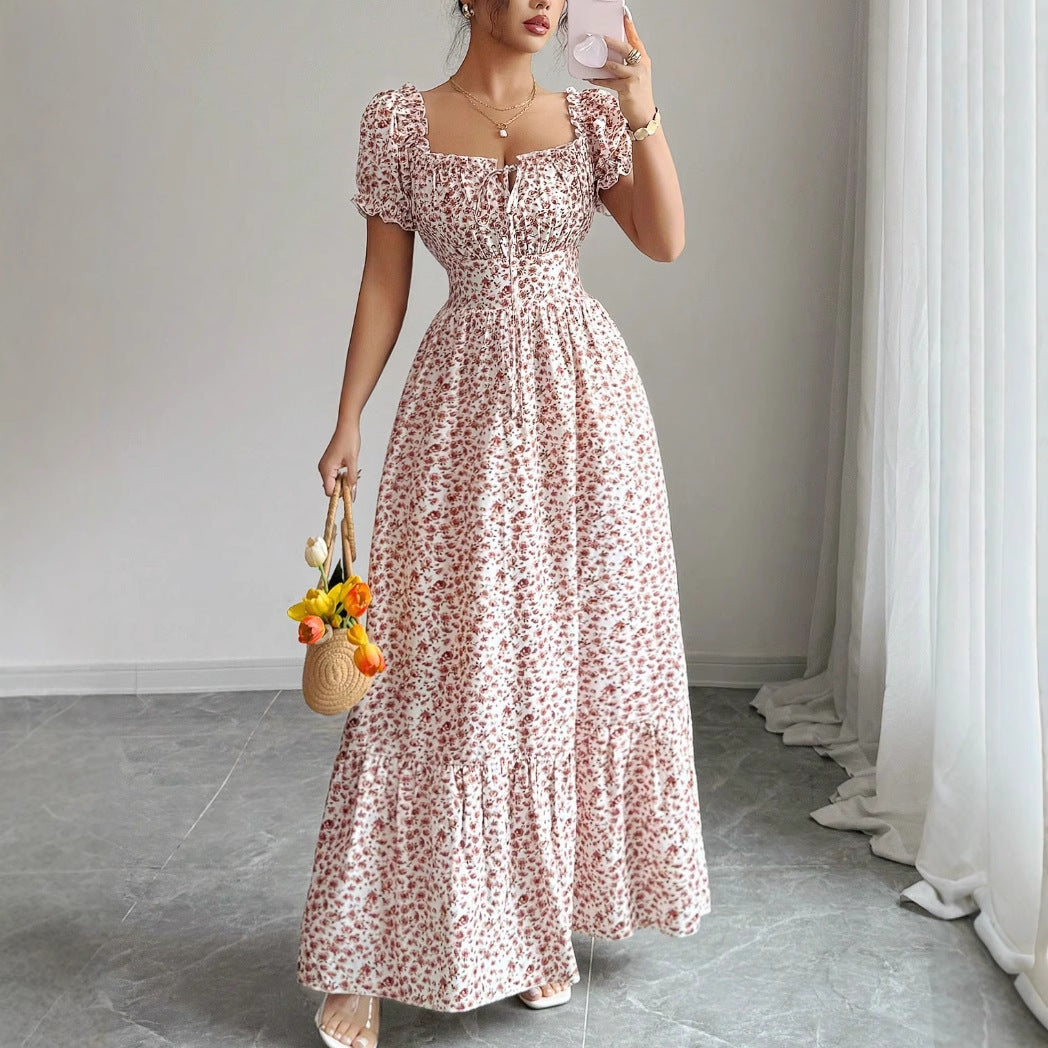 Floral Midi Dress with Square Neck and A-Line Silhouette