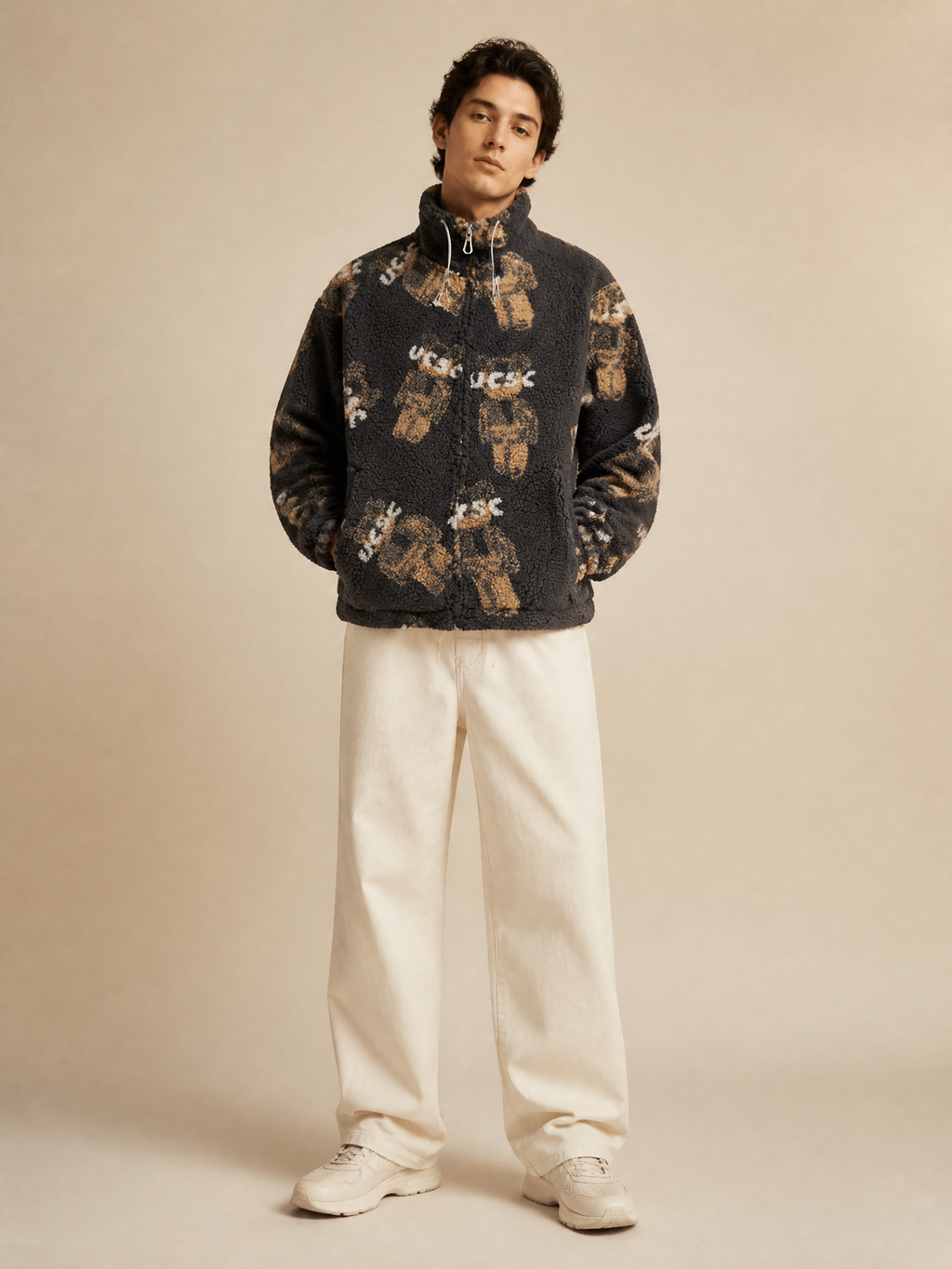 Graphic Sherpa Fleece Jacket, Oversized Stand Collar Outerwear