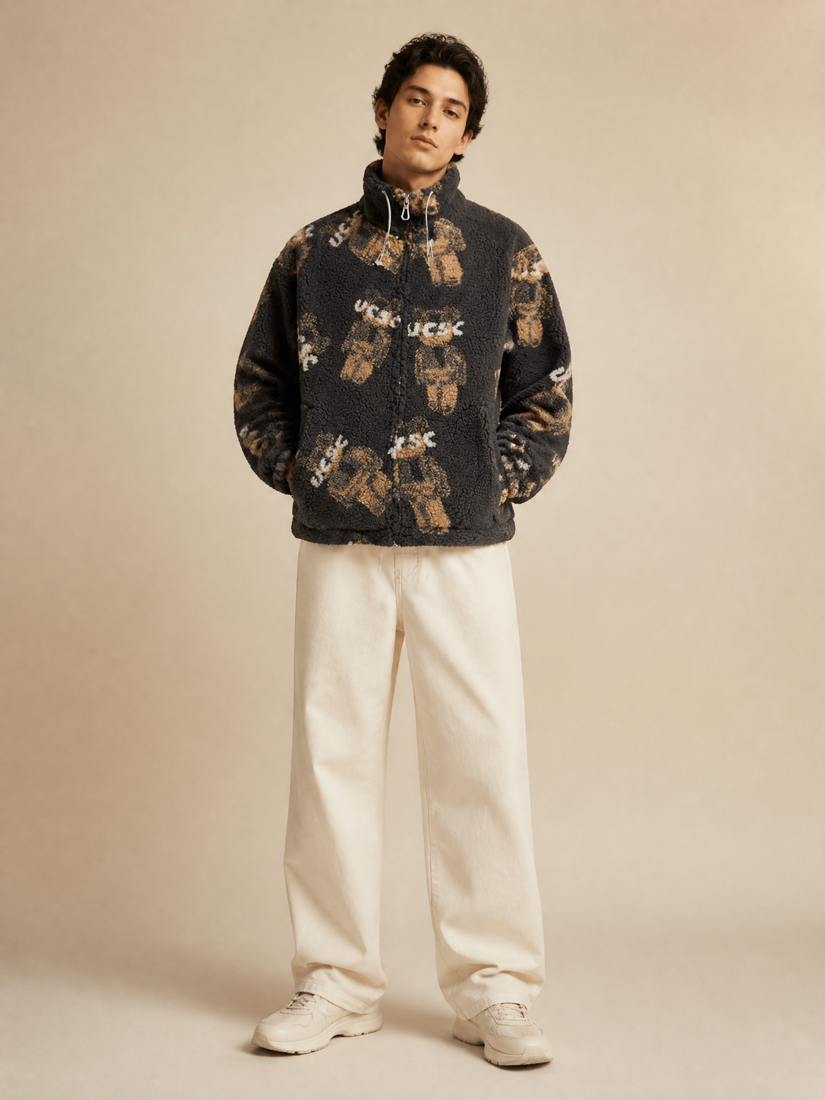 Graphic Sherpa Fleece Jacket, Oversized Stand Collar Outerwear