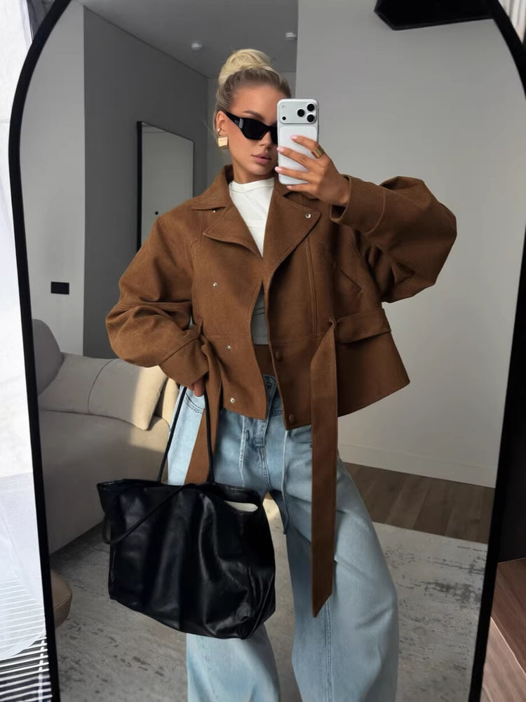 Women's Faux Suede Motorcycle Jacket with Lapel Collar