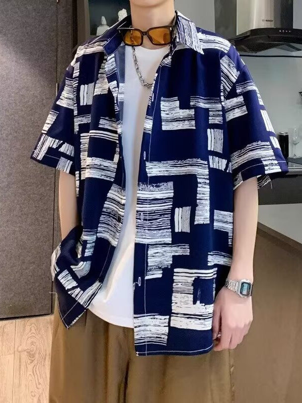 Men's Ice Silk Graffiti Print Loose Beach Shirt - Lightweight Summer Top