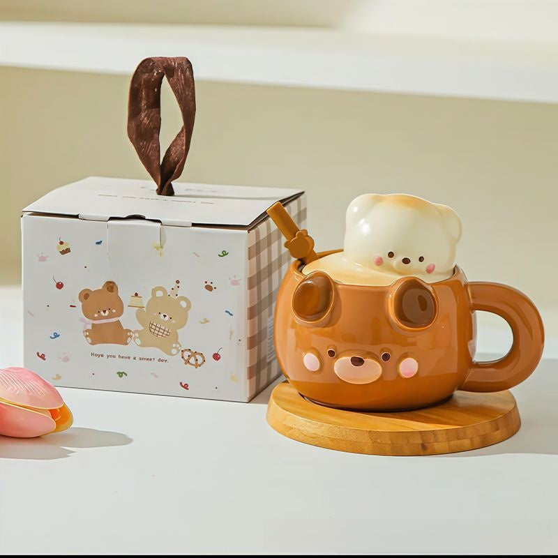 Ceramic Bear Mug with Lid and Spoon Set