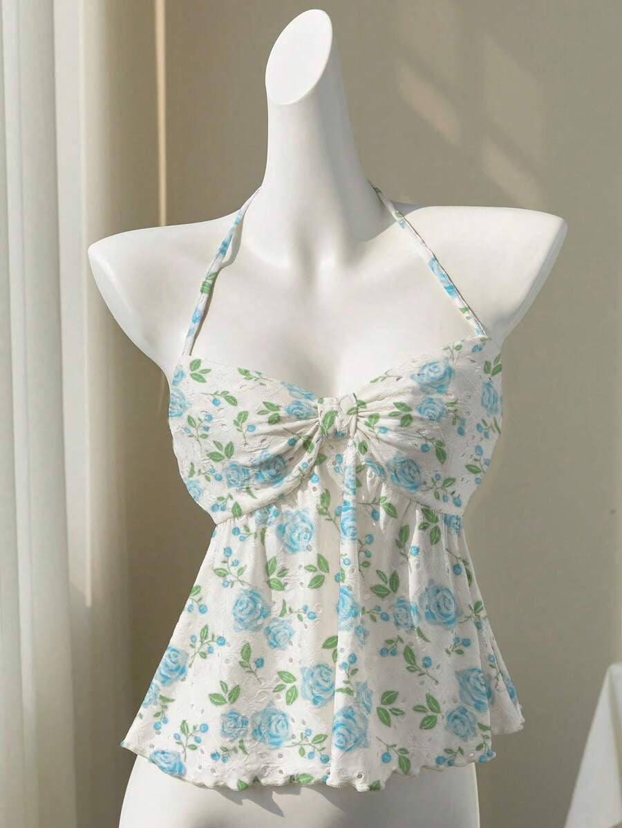 Floral Lace-Up Babydoll Camisole Top