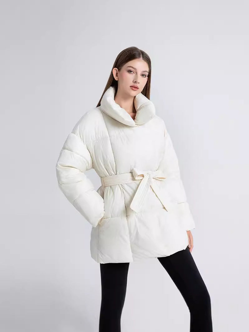 Mid-length womens winter coat with belt