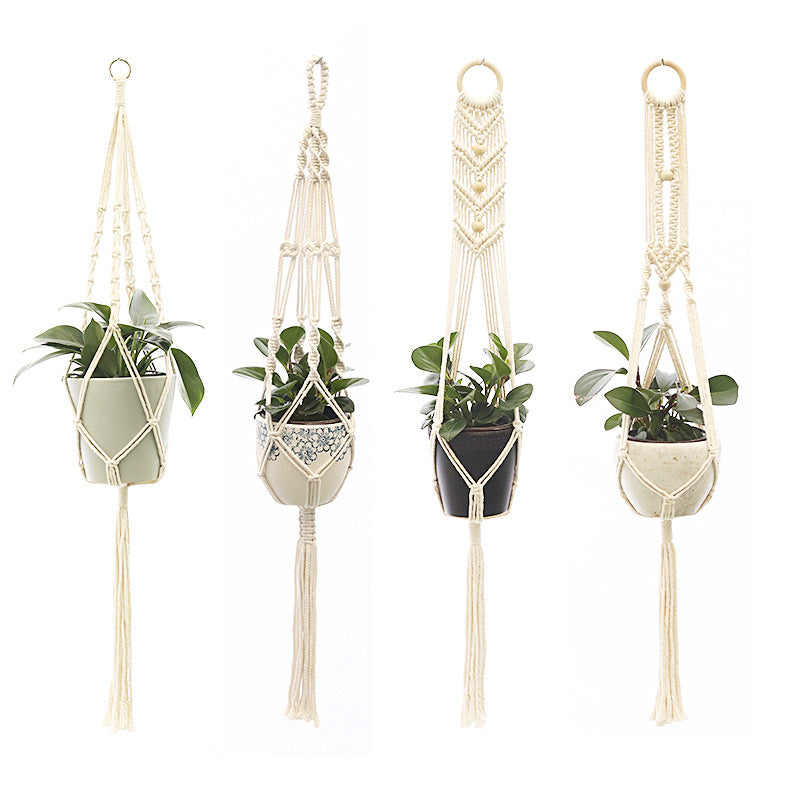 Handwoven Cotton Hanging Plant Basket with Decorative Accents