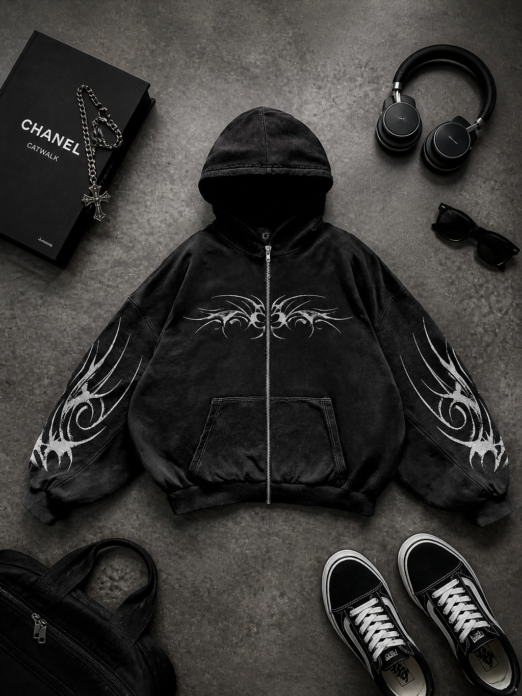 Gothic Graphic Zip-Up Hoodie in Premium Textured Corduroy