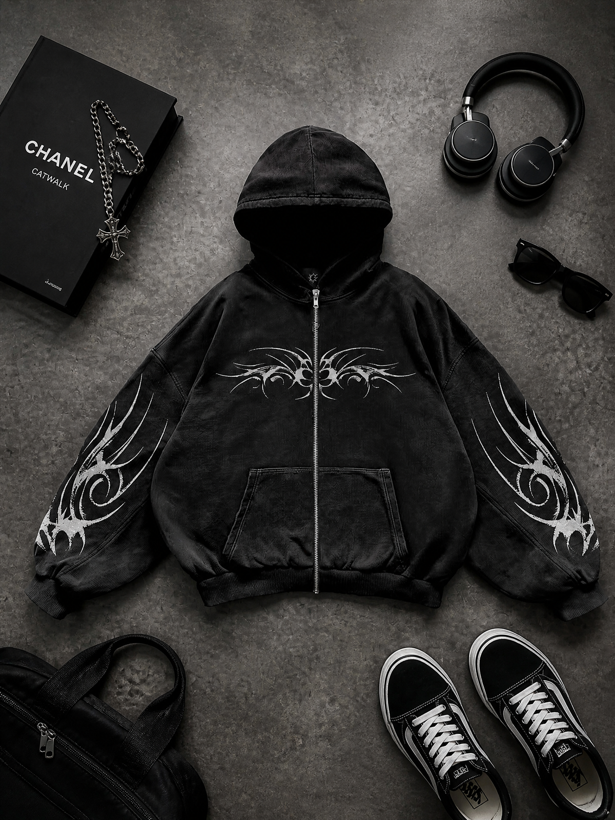Gothic Graphic Zip-Up Hoodie in Premium Textured Corduroy