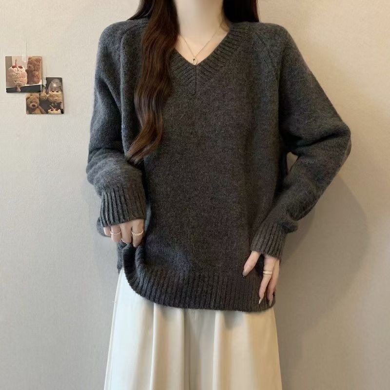 V-neck loose casual long-sleeved knitted sweater